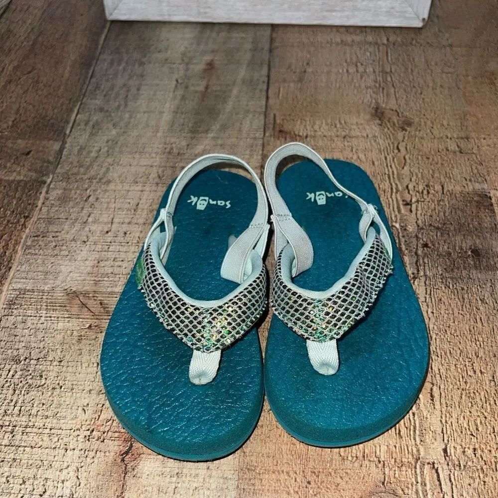 TODDLER SANUK Sea Green Root Beer Cozy FLIP FLOP SANDALS W/ HEEL STRAP SIZE 7/8